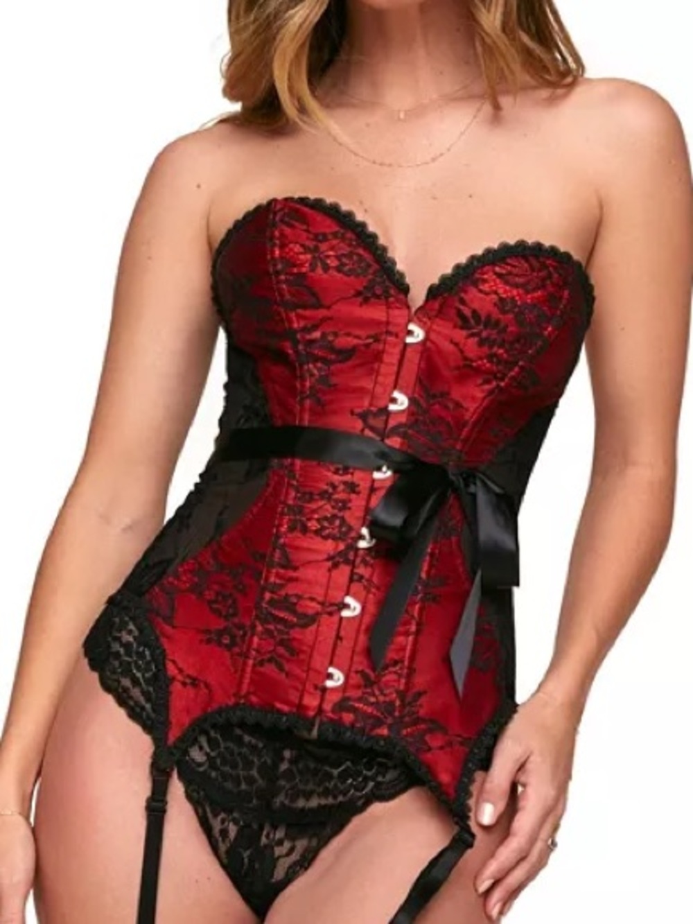 Adore Me Jasmine Boned Red and Black Lace Bustier Corset with Garter Straps Sz M